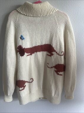 Cream Hand Knit Sweater with Rust Dachshund Motif NWOT